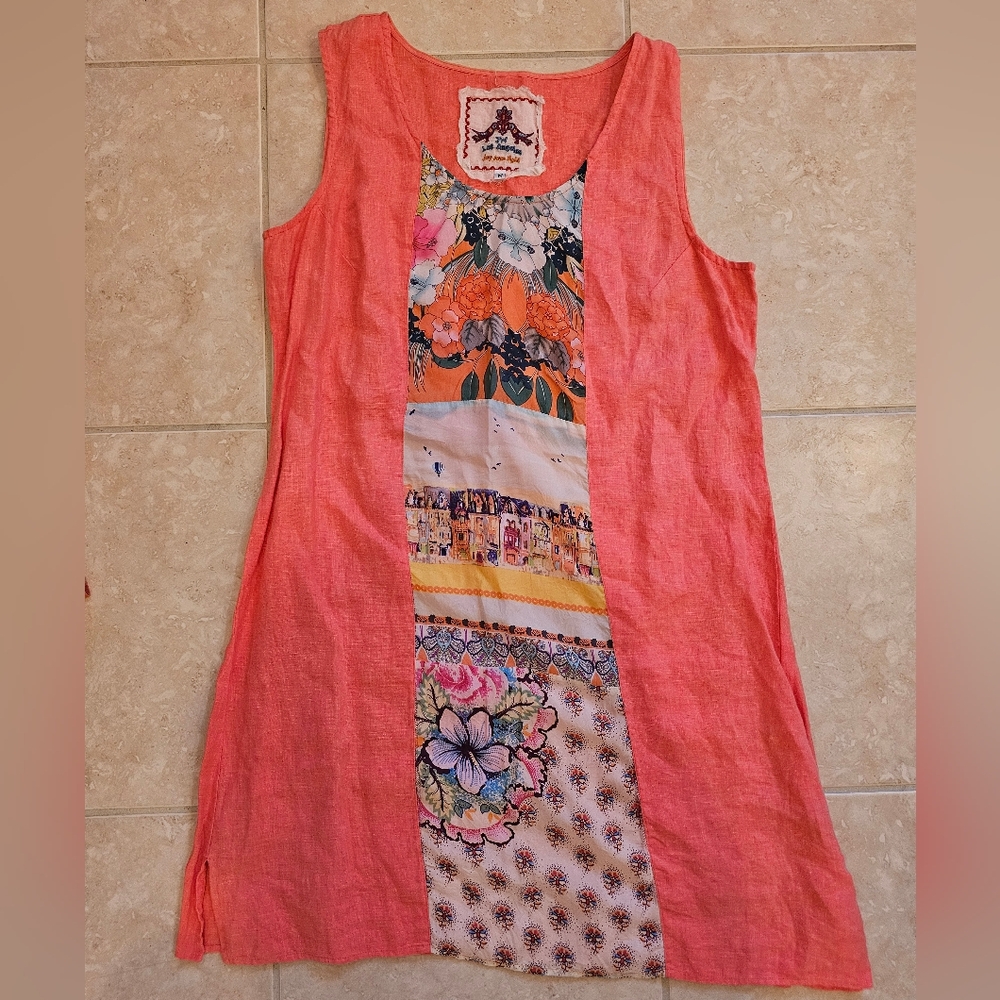 Johnny Was Linen and Silk Coral Colored Sheath Dress Medium